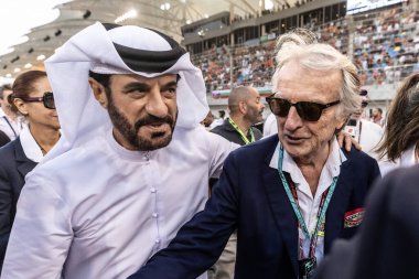 Sakhir, Bahreyn. 10-13 Nisan 2025. F1 Dünya Şampiyonası. Bahreyn Grand Prix. FIA Başkanı Mohammed Bin Sulayem ve eski Ferrari PResident Luca Cordero Di Montezemolo, başlangıç çizgisinde.