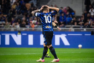 Milan, İtalya, 23 Nisan 2025. Meazza Stadyumu. İtalya Futbol Kupası 2024-25, yarı final. Inter v AC Milan 0-3. Lautaro Martinez, İnter.
