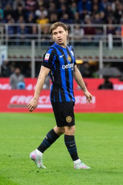 Milan, İtalya, 23 Nisan 2025. Meazza Stadyumu. İtalya Futbol Kupası 2024-25, yarı final. Inter v AC Milan 0-3. Nicolo Barella, Inter..