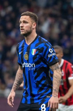 Milan, İtalya, 23 Nisan 2025. Meazza Stadyumu. İtalya Futbol Kupası 2024-25, yarı final. Inter v AC Milan 0-3. Marko Arnautoviç, Inter.
