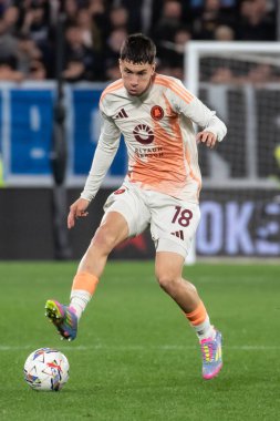 Bergamo, İtalya, 12 Mayıs 2025. Gewiss Stadyumu. İtalyan Serisi A Futbol Şampiyonası. Atalanta Roma 'ya karşı 2-1. Matias Soule, Romanlar.