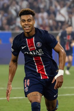 Münih, Almanya. 31 Mayıs 2025. UEFA Şampiyonlar Ligi. Son sözüm Paris Saint-Germain V. Inter Milan 5-0. Desire Doue, PSG, kutlama golü.