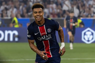 Münih, Almanya. 31 Mayıs 2025. UEFA Şampiyonlar Ligi. Son sözüm Paris Saint-Germain V. Inter Milan 5-0. Desire Doue, PSG, kutlama golü.
