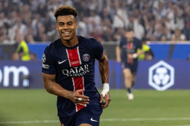 Münih, Almanya. 31 Mayıs 2025. UEFA Şampiyonlar Ligi. Son sözüm Paris Saint-Germain V. Inter Milan 5-0. Desire Doue, PSG, kutlama golü.