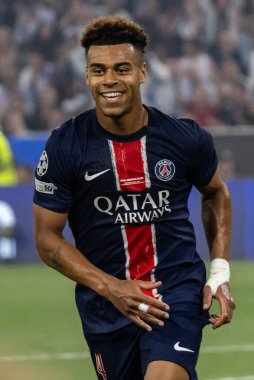 Münih, Almanya. 31 Mayıs 2025. UEFA Şampiyonlar Ligi. Son sözüm Paris Saint-Germain V. Inter Milan 5-0. Desire Doue, PSG, kutlama golü.