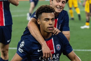 Münih, Almanya. 31 Mayıs 2025. UEFA Şampiyonlar Ligi. Son sözüm Paris Saint-Germain V. Inter Milan 5-0. Desire Doue, PSG, kutlama golü.