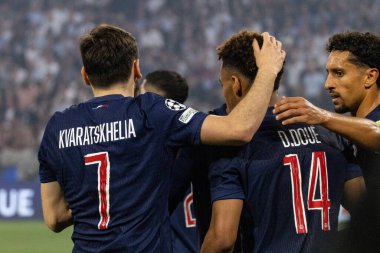Münih, Almanya. 31 Mayıs 2025. UEFA Şampiyonlar Ligi. Son sözüm Paris Saint-Germain V. Inter Milan 5-0. Desire Doue, PSG, kutlama golü.