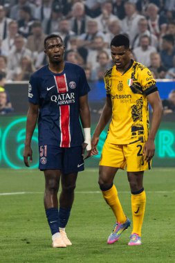 Münih, Almanya. 31 Mayıs 2025. UEFA Şampiyonlar Ligi. Son sözüm Paris Saint-Germain V. Inter Milan 5-0. Willian Pacho, PSG ve Denzel Dumfries, Inter.