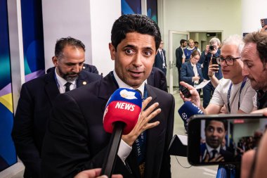 Münih, Almanya. 31 Mayıs 2025. UEFA Şampiyonlar Ligi. Son sözüm Paris Saint-Germain V. Inter Milan 5-0. Cumhurbaşkanı Nasser Ghanim Tubir El-Khelaifi, zaferden sonra gazetecilere konuştu.