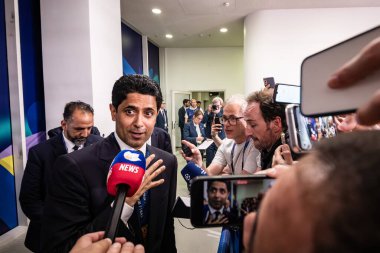 Münih, Almanya. 31 Mayıs 2025. UEFA Şampiyonlar Ligi. Son sözüm Paris Saint-Germain V. Inter Milan 5-0. Cumhurbaşkanı Nasser Ghanim Tubir El-Khelaifi, zaferden sonra gazetecilere konuştu.
