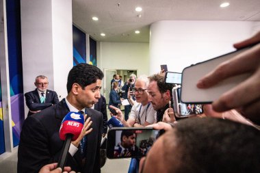 Münih, Almanya. 31 Mayıs 2025. UEFA Şampiyonlar Ligi. Son sözüm Paris Saint-Germain V. Inter Milan 5-0. Cumhurbaşkanı Nasser Ghanim Tubir El-Khelaifi, zaferden sonra gazetecilere konuştu.