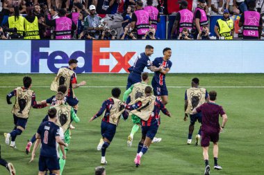 Münih, Almanya. 31 Mayıs 2025. UEFA Şampiyonlar Ligi. Son sözüm Paris Saint-Germain V. Inter Milan 5-0. Senny Mayulu, PSG, golü kutluyor.