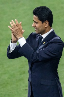 Münih, Almanya. 31 Mayıs 2025. UEFA Şampiyonlar Ligi. Son sözüm Paris Saint-Germain V. Inter Milan 5-0. Nasser Ghanim Tubir Al-Khelaifi, Cumhurbaşkanı PSG, zaferi kutluyor.