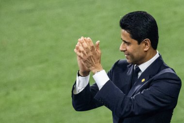 Münih, Almanya. 31 Mayıs 2025. UEFA Şampiyonlar Ligi. Son sözüm Paris Saint-Germain V. Inter Milan 5-0. Nasser Ghanim Tubir Al-Khelaifi, Cumhurbaşkanı PSG, zaferi kutluyor.