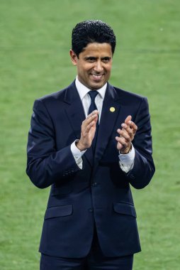 Münih, Almanya. 31 Mayıs 2025. UEFA Şampiyonlar Ligi. Son sözüm Paris Saint-Germain V. Inter Milan 5-0. Nasser Ghanim Tubir Al-Khelaifi, Cumhurbaşkanı PSG, zaferi kutluyor.
