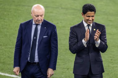Münih, Almanya. 31 Mayıs 2025. UEFA Şampiyonlar Ligi. Son sözüm Paris Saint-Germain V. Inter Milan 5-0. Giuseppe Marotta, Başkan Inter ve Nasser Al-Khelaifi, Başkan PSG.