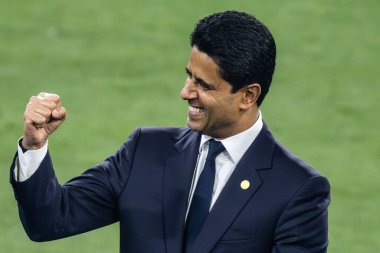 Münih, Almanya. 31 Mayıs 2025. UEFA Şampiyonlar Ligi. Son sözüm Paris Saint-Germain V. Inter Milan 5-0. Nasser Ghanim Tubir Al-Khelaifi, Cumhurbaşkanı PSG, zaferi kutluyor.