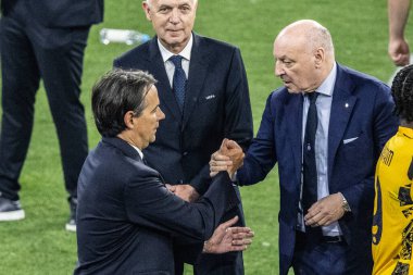 Münih, Almanya. 31 Mayıs 2025. UEFA Şampiyonlar Ligi. Son sözüm Paris Saint-Germain V. Inter Milan 5-0. Giuseppe Marotta, Başkan Inter ve Simone Inzaghi, Koç Inter..