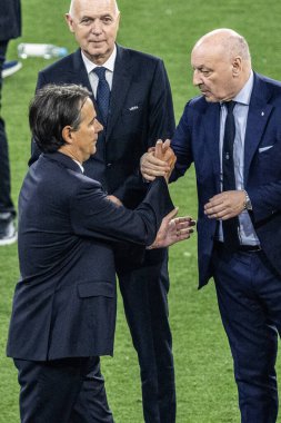 Münih, Almanya. 31 Mayıs 2025. UEFA Şampiyonlar Ligi. Son sözüm Paris Saint-Germain V. Inter Milan 5-0. Giuseppe Marotta, Başkan Inter ve Simone Inzaghi, Koç Inter..