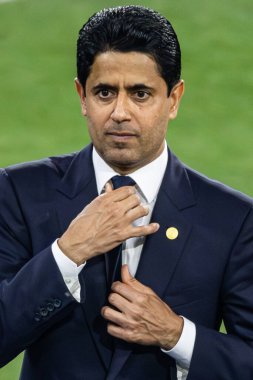 Münih, Almanya. 31 Mayıs 2025. UEFA Şampiyonlar Ligi. Son sözüm Paris Saint-Germain V. Inter Milan 5-0. Nasser Ghanim Tubir Al-Khelaifi, Cumhurbaşkanı PSG, zaferi kutluyor.