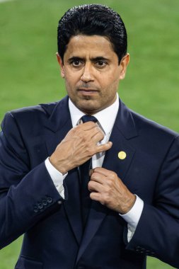 Münih, Almanya. 31 Mayıs 2025. UEFA Şampiyonlar Ligi. Son sözüm Paris Saint-Germain V. Inter Milan 5-0. Nasser Ghanim Tubir Al-Khelaifi, Cumhurbaşkanı PSG, zaferi kutluyor.