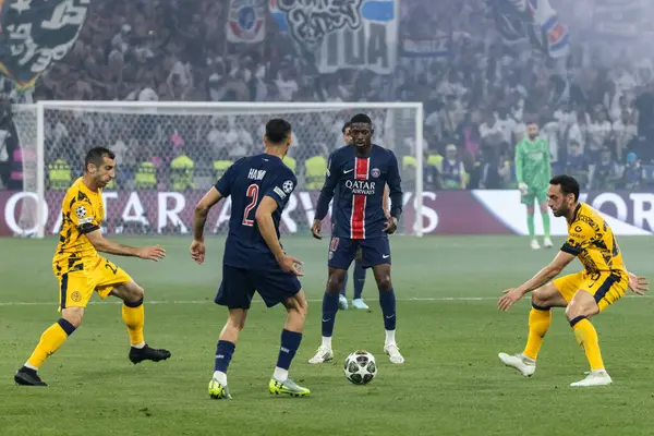 Münih, Almanya. 31 Mayıs 2025. UEFA Şampiyonlar Ligi. Son sözüm Paris Saint-Germain V. Inter Milan 5-0. Ousmane Dembele ve Achraf Hakimi, PSG.