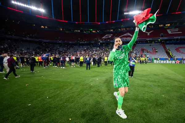 Münih, Almanya. 31 Mayıs 2025. UEFA Şampiyonlar Ligi. Son sözüm Paris Saint-Germain V. Inter Milan 5-0. Luigi Donnarumma, kaleci PSG, kutluyor..