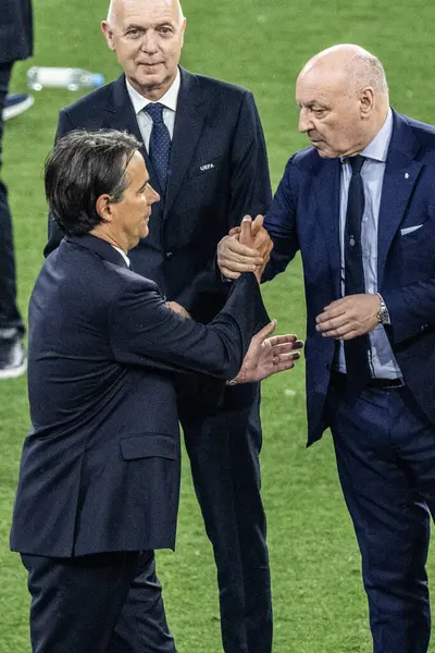 Münih, Almanya. 31 Mayıs 2025. UEFA Şampiyonlar Ligi. Son sözüm Paris Saint-Germain V. Inter Milan 5-0. Giuseppe Marotta, Başkan Inter ve Simone Inzaghi, Koç Inter..