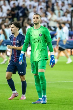 Udine, İtalya. 13 Ağustos 2025. UEFA Süper Kupası 2025. Paris Saint-Germain Tottenham Hotspur 'a karşı 4-3. Lucas Chevalier, gooalkeeper PSG.