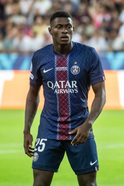 Udine, İtalya. 13 Ağustos 2025. UEFA Süper Kupası 2025. Paris Saint-Germain Tottenham Hotspur 'a karşı 4-3. Nuno Mendes, PSG.