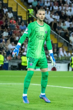 Udine, İtalya. 13 Ağustos 2025. UEFA Süper Kupası 2025. Paris Saint-Germain Tottenham Hotspur 'a karşı 4-3. Lucas Chevalier, gooalkeeper PSG.