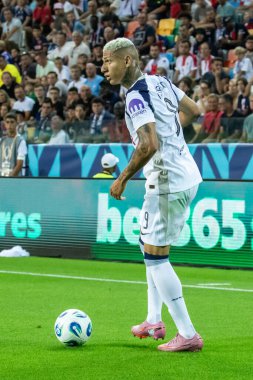 Udine, İtalya. 13 Ağustos 2025. UEFA Süper Kupası 2025. Paris Saint-Germain Tottenham Hotspur 'a karşı 4-3. Richarlison, Tottenham.