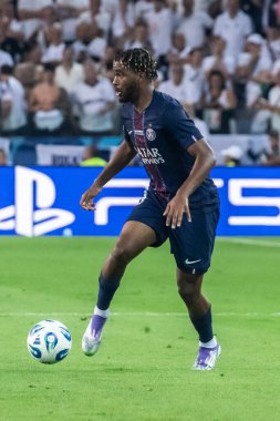 Udine, İtalya. 13 Ağustos 2025. UEFA Süper Kupası 2025. Paris Saint-Germain Tottenham Hotspur 'a karşı 4-3. İbrahim Mbaye, PSG.