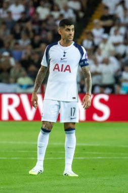 Udine, İtalya. 13 Ağustos 2025. UEFA Süper Kupası 2025. Paris Saint-Germain Tottenham Hotspur 'a karşı 4-3. Cristian Romero, Tottenham.