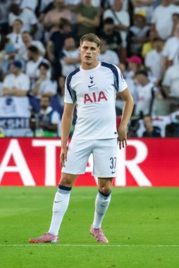 Udine, İtalya. 13 Ağustos 2025. UEFA Süper Kupası 2025. Paris Saint-Germain Tottenham Hotspur 'a karşı 4-3. Micky van de Ven, Tottenham.