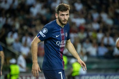 Udine, İtalya. 13 Ağustos 2025. UEFA Süper Kupası 2025. Paris Saint-Germain Tottenham Hotspur 'a karşı 4-3. Khvicha Kvaratskhelia, PSG.