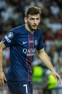 Udine, İtalya. 13 Ağustos 2025. UEFA Süper Kupası 2025. Paris Saint-Germain Tottenham Hotspur 'a karşı 4-3. Khvicha Kvaratskhelia, PSG.