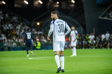 Udine, İtalya. 13 Ağustos 2025. UEFA Süper Kupası 2025. Paris Saint-Germain Tottenham Hotspur 'a karşı 4-3. Rodrigo Bentancur, Tottenham.