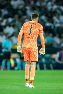 Udine, İtalya. 13 Ağustos 2025. UEFA Süper Kupası 2025. Paris Saint-Germain Tottenham Hotspur 'a karşı 4-3. Guglielmo Vicario, kaleci Tottenham.