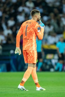 Udine, İtalya. 13 Ağustos 2025. UEFA Süper Kupası 2025. Paris Saint-Germain Tottenham Hotspur 'a karşı 4-3. Guglielmo Vicario, kaleci Tottenham.