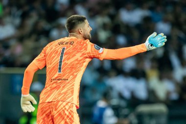 Udine, İtalya. 13 Ağustos 2025. UEFA Süper Kupası 2025. Paris Saint-Germain Tottenham Hotspur 'a karşı 4-3. Guglielmo Vicario, kaleci Tottenham.
