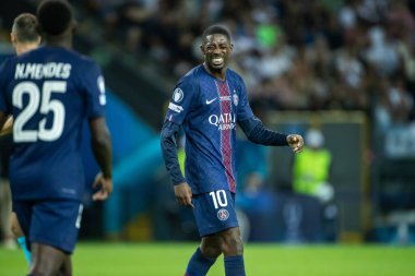 Udine, İtalya. 13 Ağustos 2025. UEFA Süper Kupası 2025. Paris Saint-Germain Tottenham Hotspur 'a karşı 4-3. Ousmane Dembele, PSG.