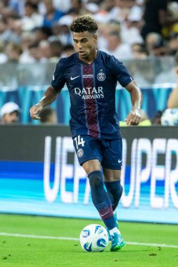 Udine, İtalya. 13 Ağustos 2025. UEFA Süper Kupası 2025. Paris Saint-Germain Tottenham Hotspur 'a karşı 4-3. Desire Doue, PSG.