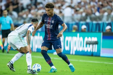 Udine, İtalya. 13 Ağustos 2025. UEFA Süper Kupası 2025. Paris Saint-Germain Tottenham Hotspur 'a karşı 4-3. Desire Doue, PSG.