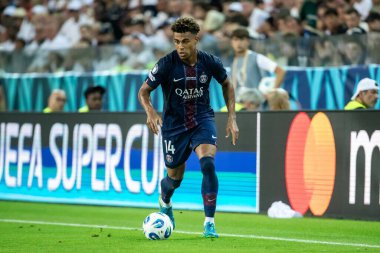 Udine, İtalya. 13 Ağustos 2025. UEFA Süper Kupası 2025. Paris Saint-Germain Tottenham Hotspur 'a karşı 4-3. Desire Doue, PSG.