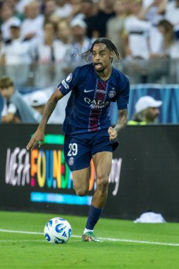 Udine, İtalya. 13 Ağustos 2025. UEFA Süper Kupası 2025. Paris Saint-Germain Tottenham Hotspur 'a karşı 4-3. Bradley Barcola, PSG.