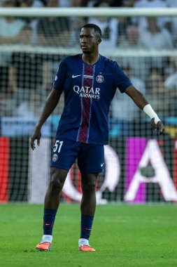 Udine, İtalya. 13 Ağustos 2025. UEFA Süper Kupası 2025. Paris Saint-Germain Tottenham Hotspur 'a karşı 4-3. Willian Pacho, PSG.