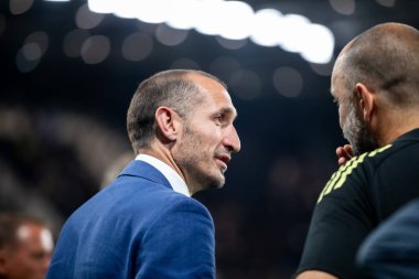 Bergamo, İtalya. 16 Ağustos 2025. Gewiss Stadyumu 'nda Bortolotti Kupası. Atalanta, Juventus 'a karşı. Giorgio Chiellini, Müdür Juventus..