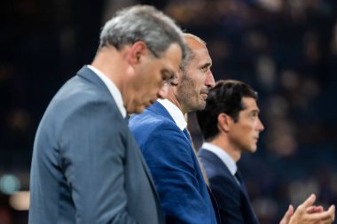 Bergamo, İtalya. 16 Ağustos 2025. Gewiss Stadyumu 'nda Bortolotti Kupası. Atalanta, Juventus 'a karşı. Giorgio Chiellini, Müdür Juventus..