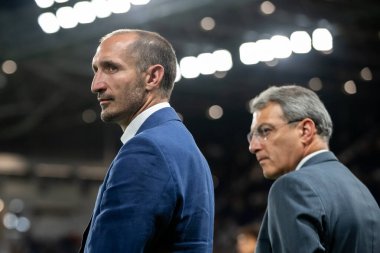 Bergamo, İtalya. 16 Ağustos 2025. Gewiss Stadyumu 'nda Bortolotti Kupası. Atalanta, Juventus 'a karşı. Giorgio Chiellini, Müdür Juventus..